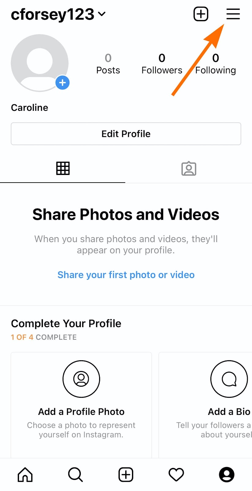 The "Settings" tool on Instagram in top-right
